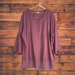 5 for $25🔥CW Classics Dusty Rose Lace Hem 3/4 Sleeve Blouse 3X